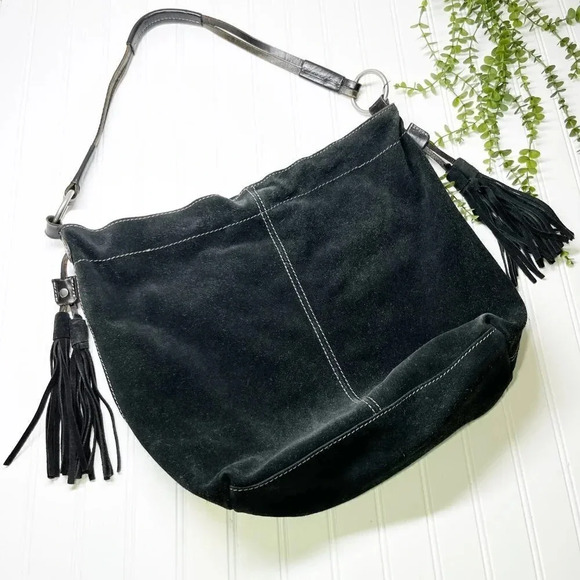 Vintage Y2K 90s Lucky Brand Black Suede Large Hobo Bag with Black Fringe Tassels